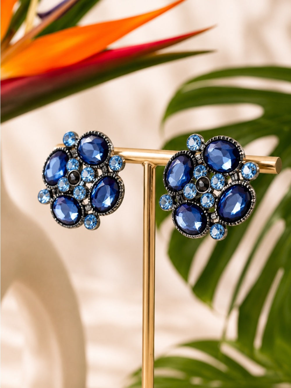 Anthropologie Navy & Blue Crystal Cluster Earrings - Missing Center Stone — faceted stones and gold tone setting