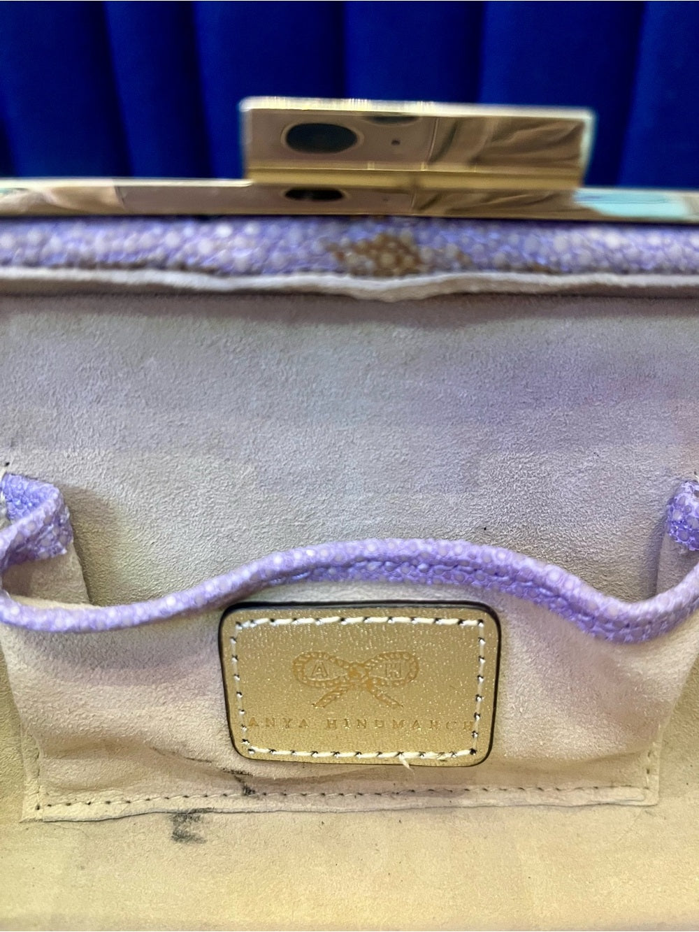 Anya Hindmarch Genuine Stingray Clutch Lavender & Gold Shagreen Evening Bag — corner piping and leather edge detail