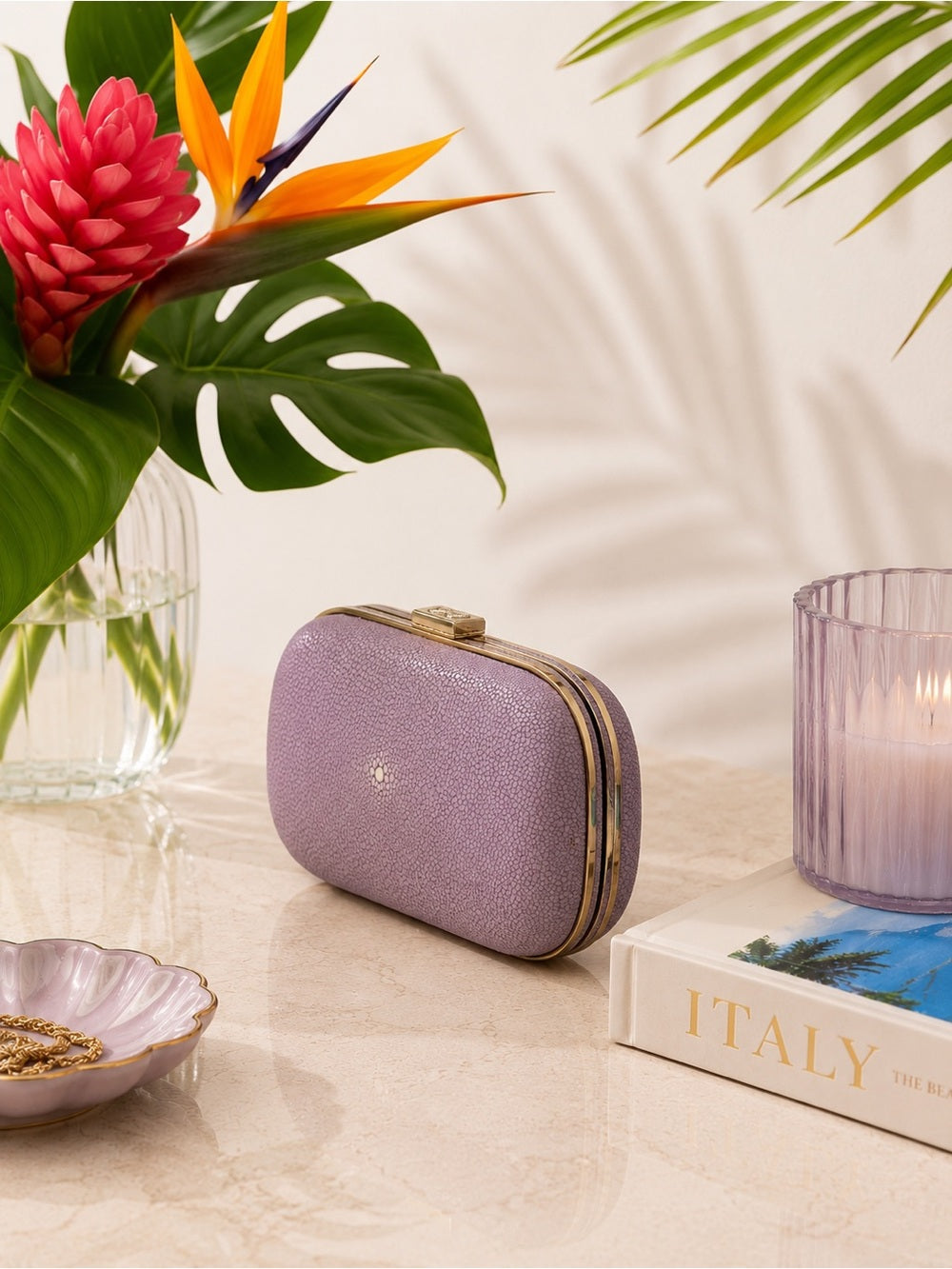 Anya Hindmarch Genuine Stingray Clutch Lavender & Gold Shagreen Evening Bag — structured purse profile and gusset