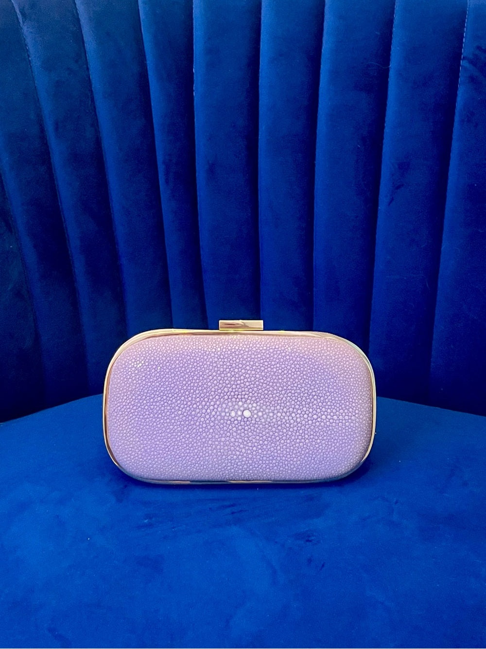 Anya Hindmarch Genuine Stingray Clutch Lavender & Gold Shagreen Evening Bag — removable strap and gold tone hardware