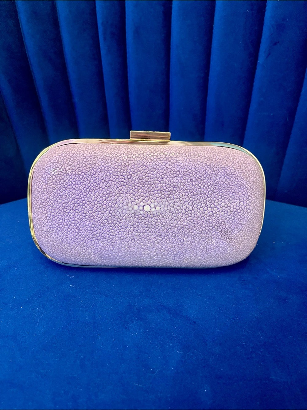 Anya Hindmarch Genuine Stingray Clutch Lavender & Gold Shagreen Evening Bag — signature designer hardware and metalwork