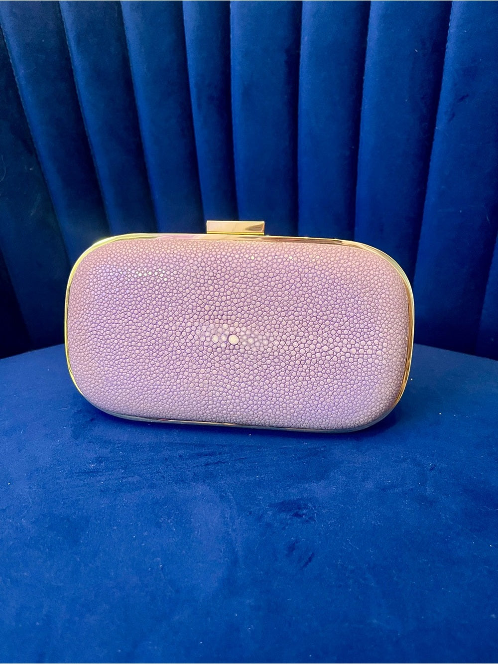 Anya Hindmarch Genuine Stingray Clutch Lavender & Gold Shagreen Evening Bag — designer logo branding and craftsmanship
