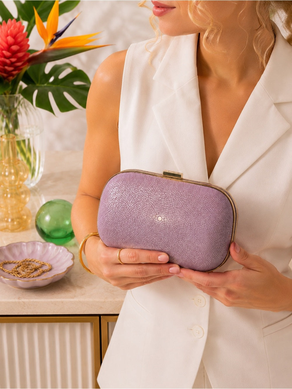 Anya Hindmarch Genuine Stingray Clutch Lavender & Gold Shagreen Evening Bag — handbag interior lining and storage