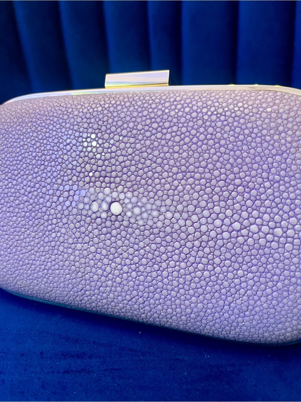 Anya Hindmarch Genuine Stingray Clutch Lavender & Gold Shagreen Evening Bag — interior pocket and designer label