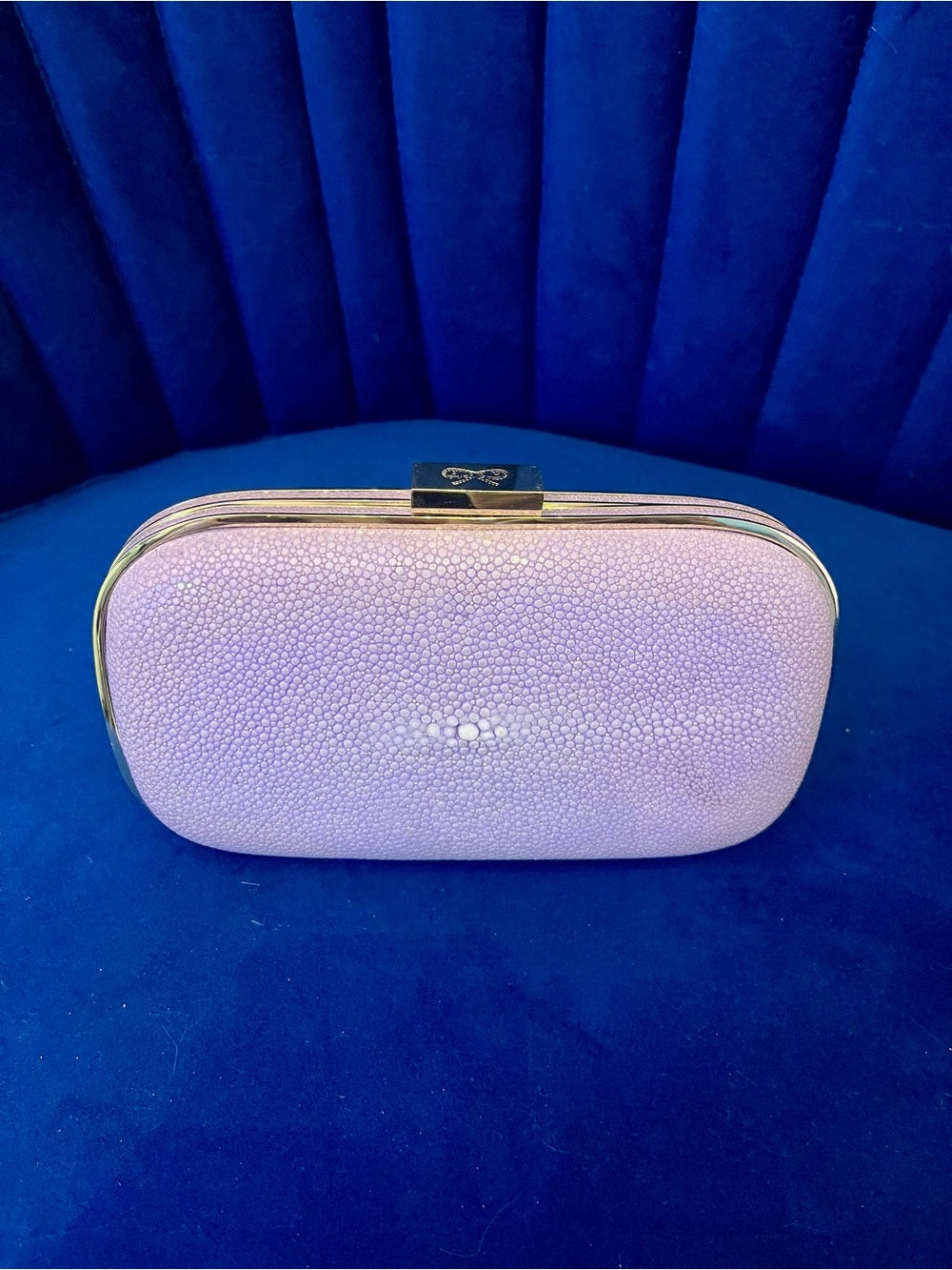 Anya Hindmarch Genuine Stingray Clutch Lavender & Gold Shagreen Evening Bag — top handle and shoulder strap attachment