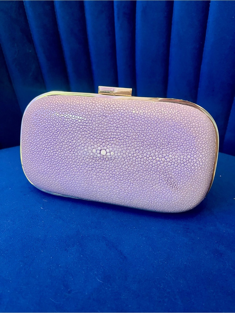 Anya Hindmarch Genuine Stingray Clutch Lavender & Gold Shagreen Evening Bag — bag closure fastening and edge finish