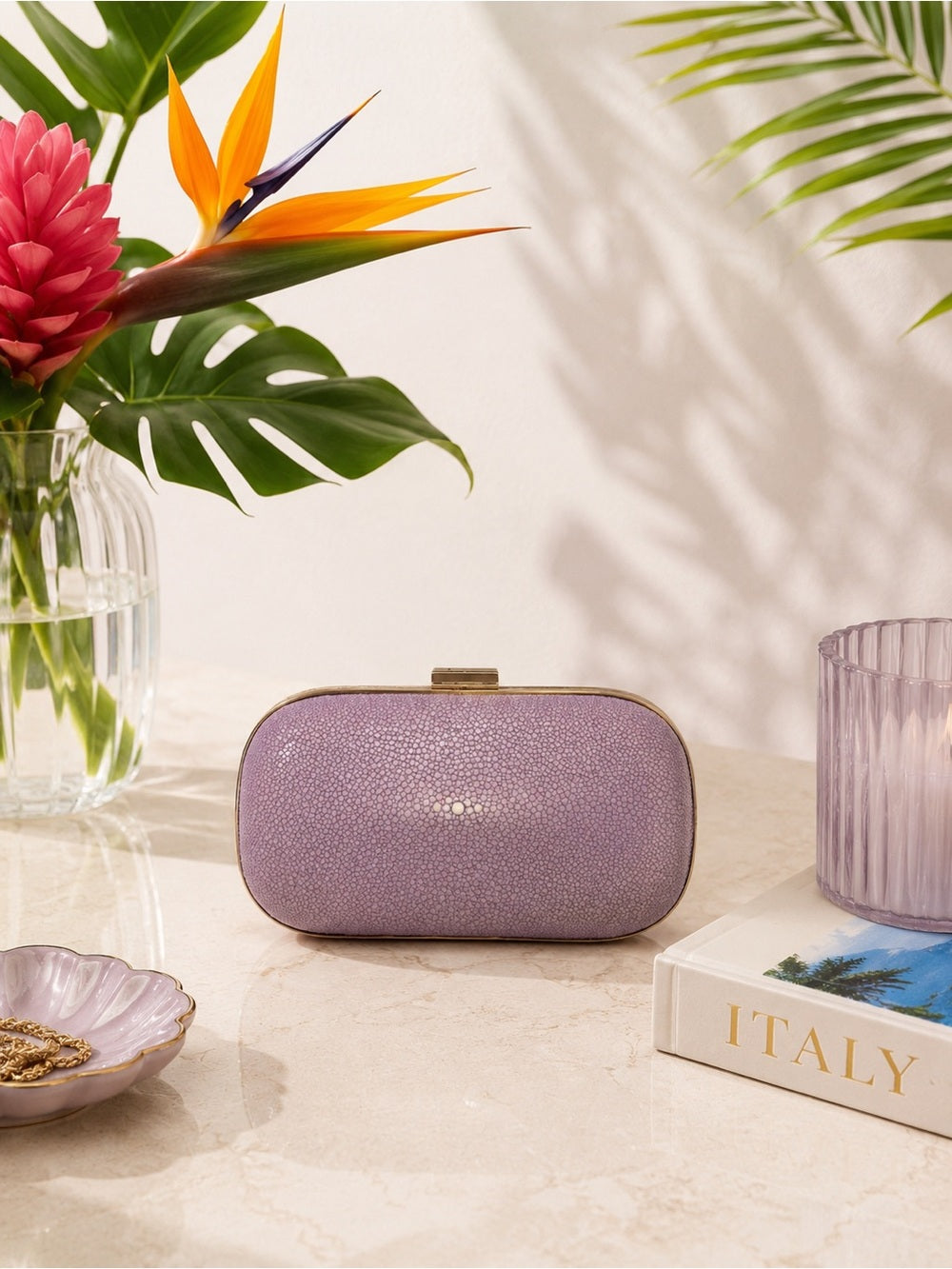 Anya Hindmarch Genuine Stingray Clutch Lavender & Gold Shagreen Evening Bag — designer exotic leather handbag silhouette