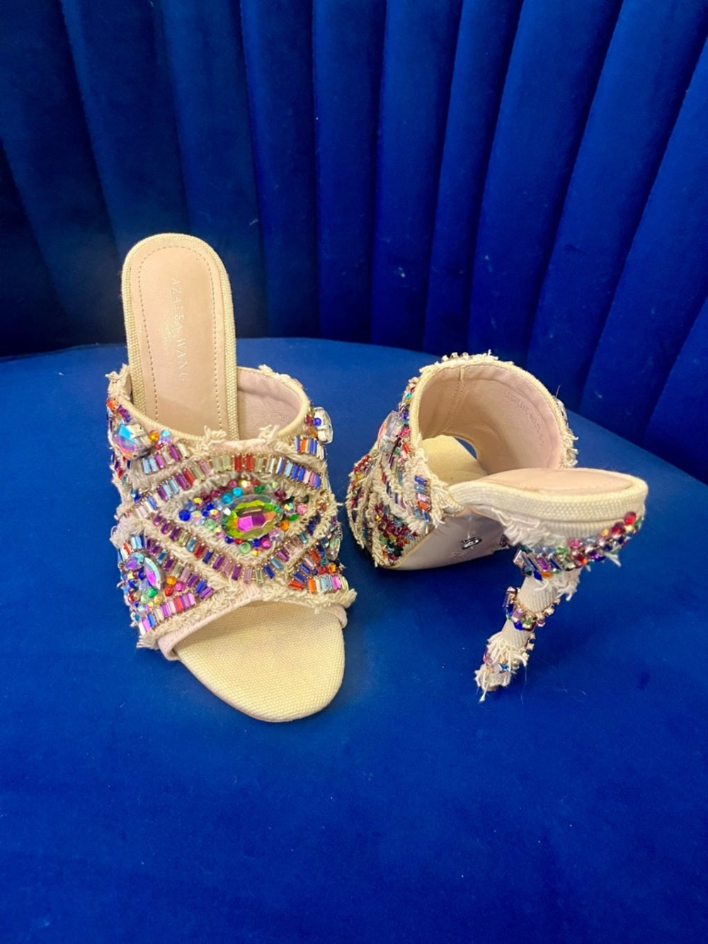 Azalea Wang Jeweled Crystal Slide Heels Multicolor Statement Mules - Size 6.5 — outsole wear and sole construction
