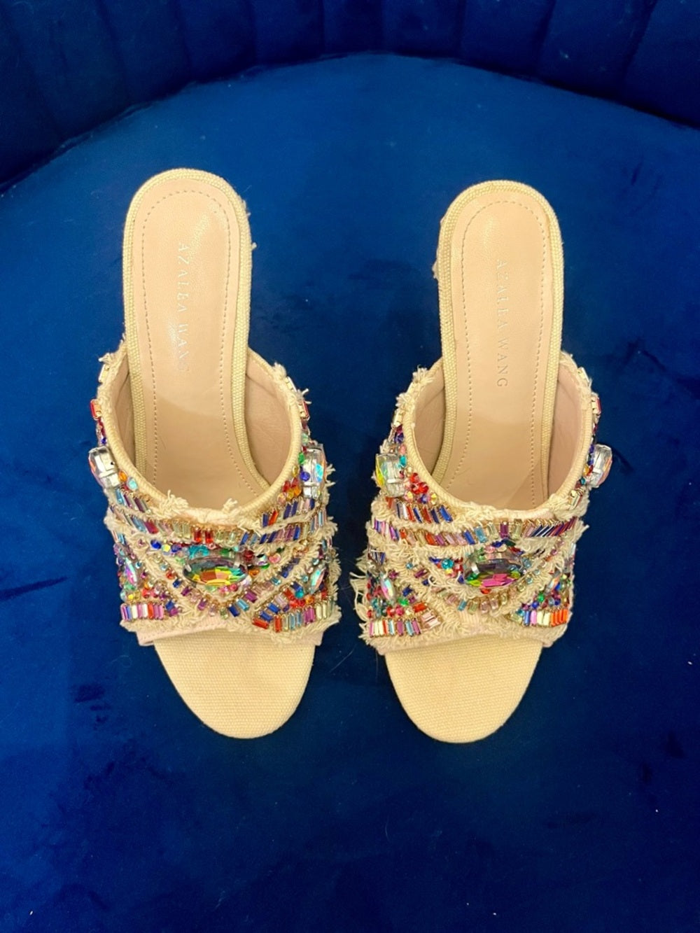 Azalea Wang Jeweled Crystal Slide Heels Multicolor Statement Mules - Size 6.5 — heel tip and sole detail