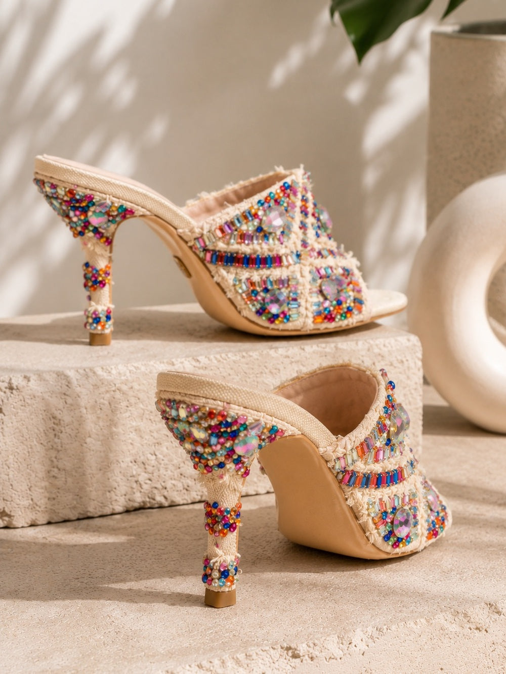 Azalea Wang Jeweled Crystal Slide Heels Multicolor Statement Mules - Size 6.5 — statement heel profile and arch