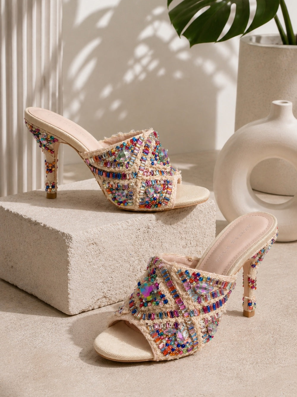 Azalea Wang Jeweled Crystal Slide Heels Multicolor Statement Mules - Size 6.5 — designer shoe silhouette and heel shape
