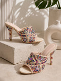 Azalea Wang Jeweled Crystal Slide Heels Multicolor Statement Mules - Size 6.5 — designer shoe silhouette and heel shape
