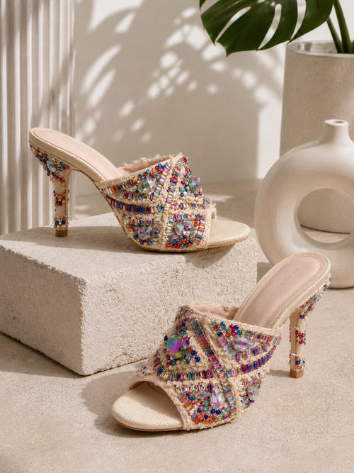 Azalea Wang Jeweled Crystal Slide Heels Multicolor Statement Mules - Size 6.5 — designer shoe silhouette and heel shape
