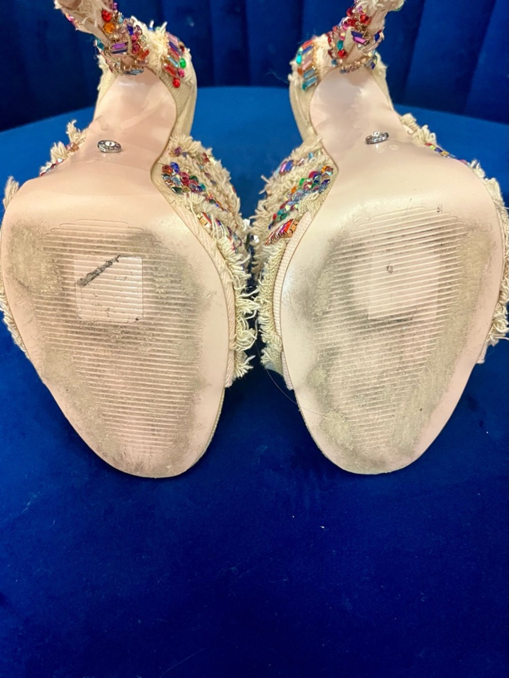 Azalea Wang Jeweled Crystal Slide Heels Multicolor Statement Mules - Size 6.5 — high heel side profile and proportions
