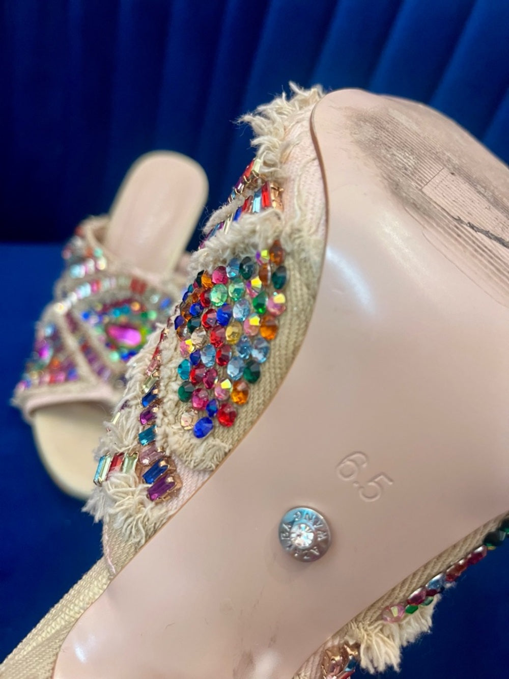 Azalea Wang Jeweled Crystal Slide Heels Multicolor Statement Mules - Size 6.5 — ankle strap buckle and fastening