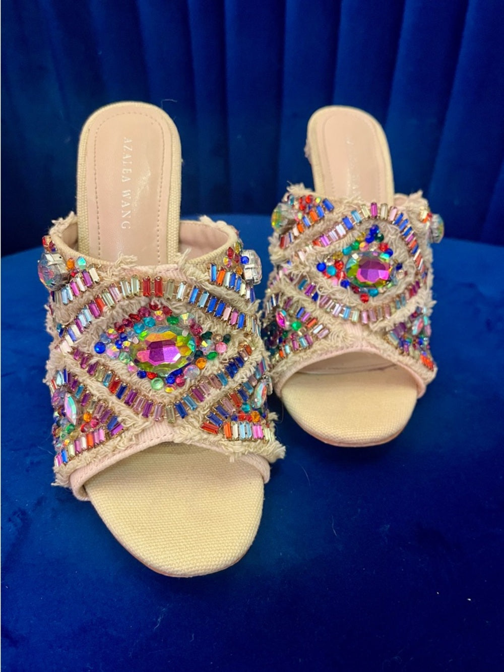 Azalea Wang Jeweled Crystal Slide Heels Multicolor Statement Mules - Size 6.5 — embellished shoe crystal detail