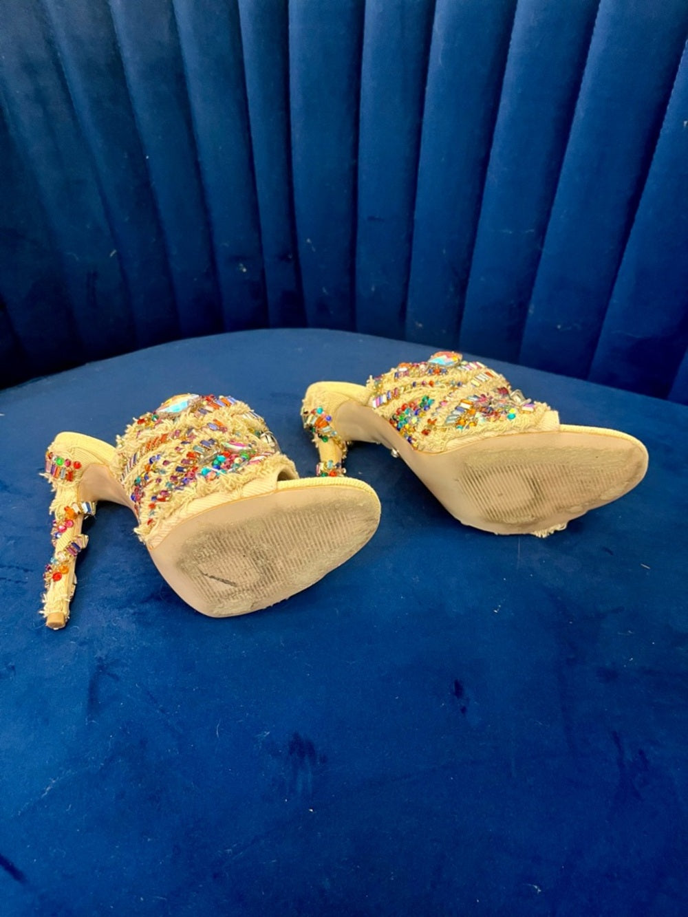 Azalea Wang Jeweled Crystal Slide Heels Multicolor Statement Mules - Size 6.5 — designer footwear material closeup