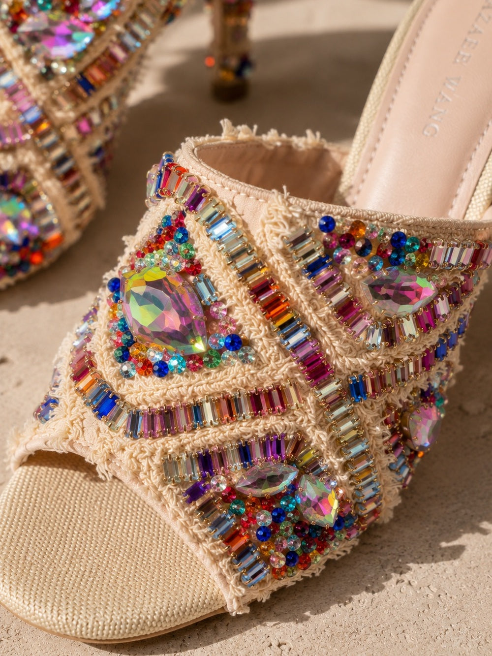 Azalea Wang Jeweled Crystal Slide Heels Multicolor Statement Mules - Size 6.5 — luxury footwear upper material and texture
