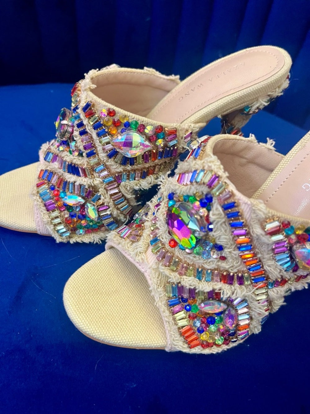 Azalea Wang Jeweled Crystal Slide Heels Multicolor Statement Mules - Size 6.5 — designer insole branding and footbed