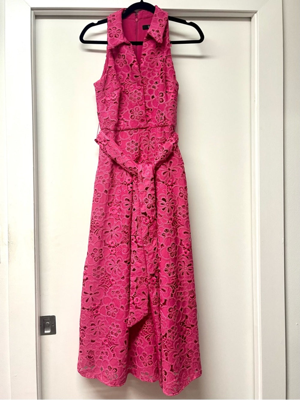 Badgley Mischka Floral Crochet Sleeveless Midi Dress with Tie Waist — garment side drape and proportions