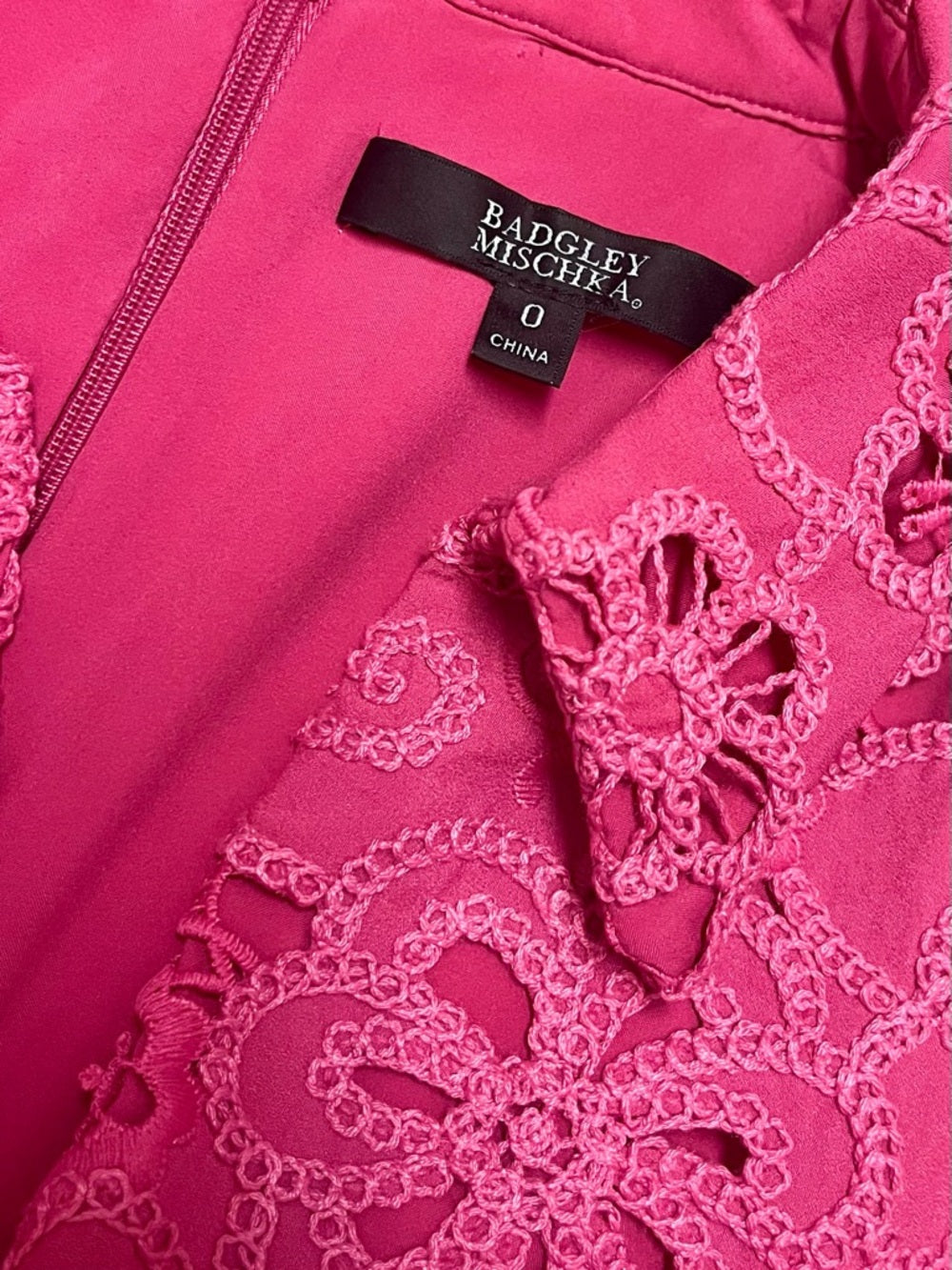Badgley Mischka Floral Crochet Sleeveless Midi Dress with Tie Waist — fabric texture and material closeup