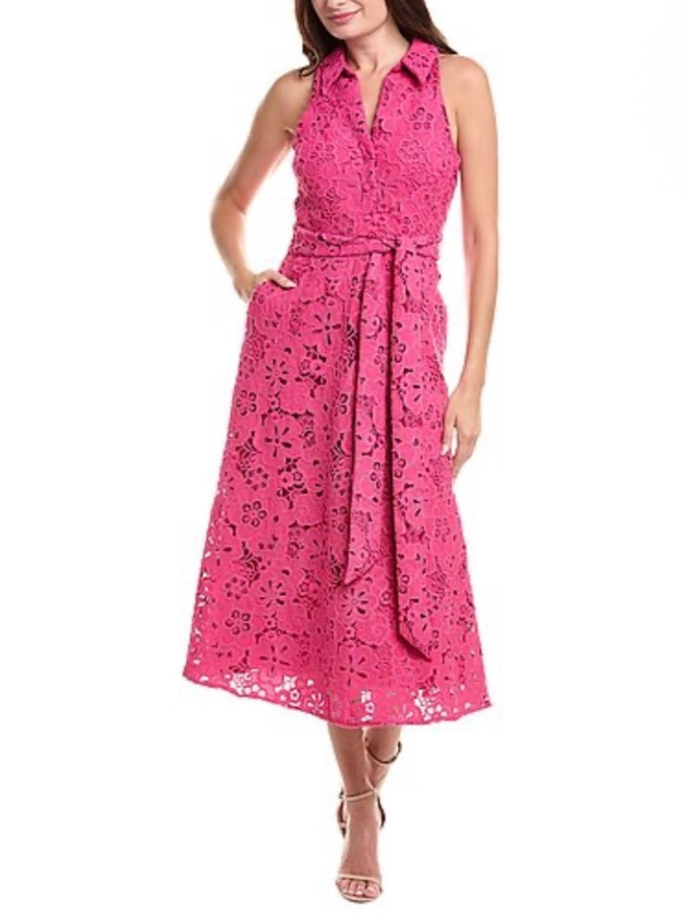 Badgley Mischka Floral Crochet Sleeveless Midi Dress with Tie Waist — fashion back design and construction