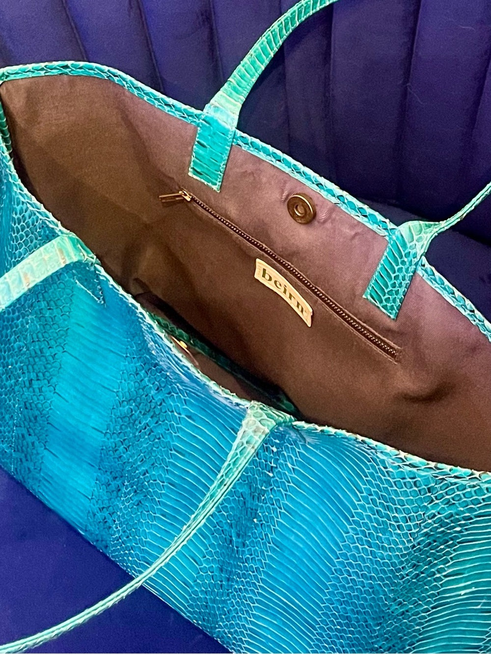 Beirn Turquoise Genuine Python Leather Tote Bag with Removable Matching Clutch — designer logo branding and craftsmanship