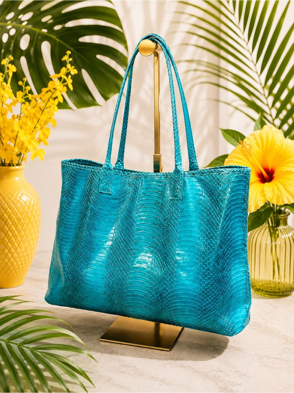 Beirn Turquoise Genuine Python Leather Tote Bag with Removable Matching Clutch — luxury leather bag back panel construction