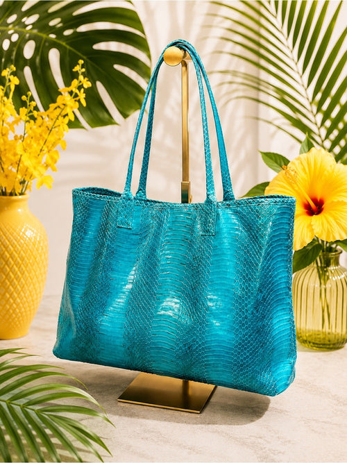 Beirn Turquoise Genuine Python Leather Tote Bag with Removable Matching Clutch — luxury leather bag back panel construction