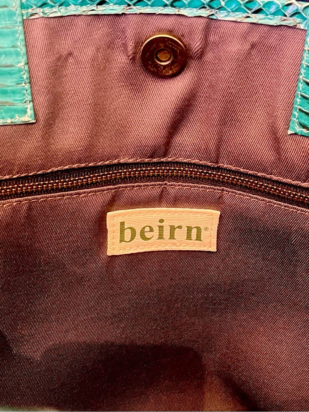 Beirn Turquoise Genuine Python Leather Tote Bag with Removable Matching Clutch — structured purse profile and gusset