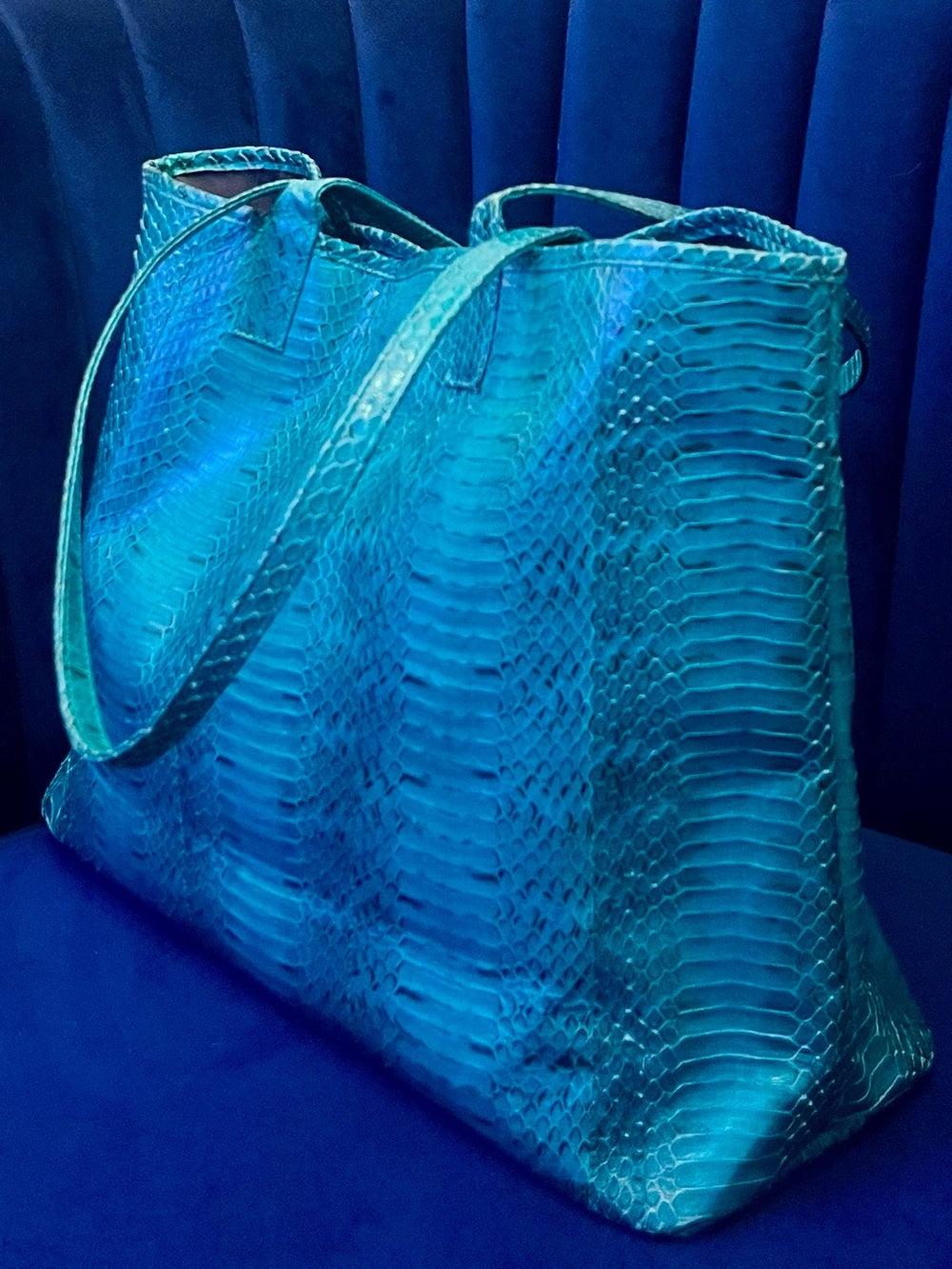 Beirn Turquoise Genuine Python Leather Tote Bag with Removable Matching Clutch — signature designer hardware and metalwork