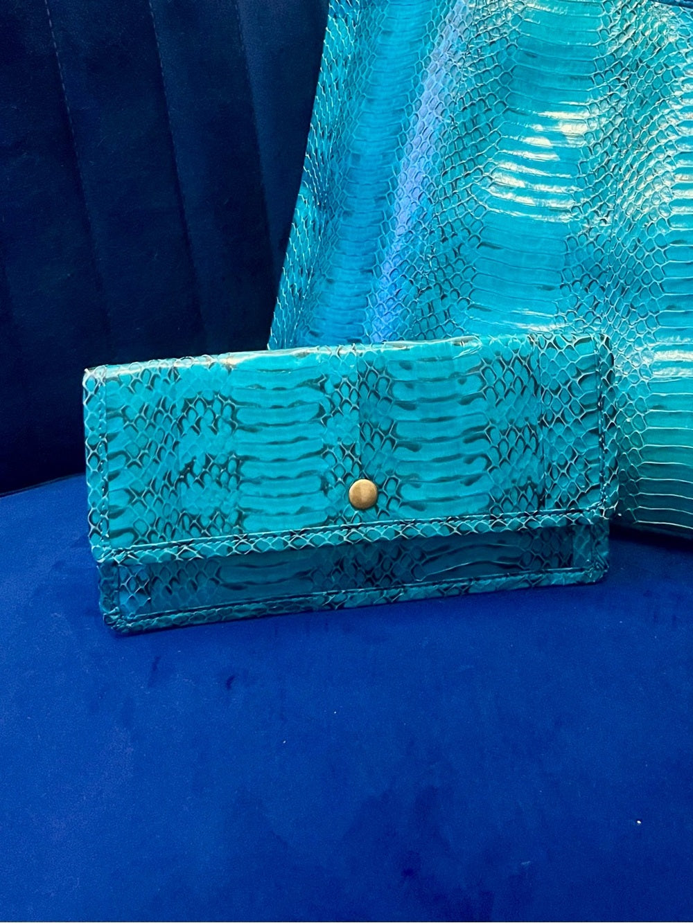 Beirn Turquoise Genuine Python Leather Tote Bag with Removable Matching Clutch — exotic skin pattern and color variation