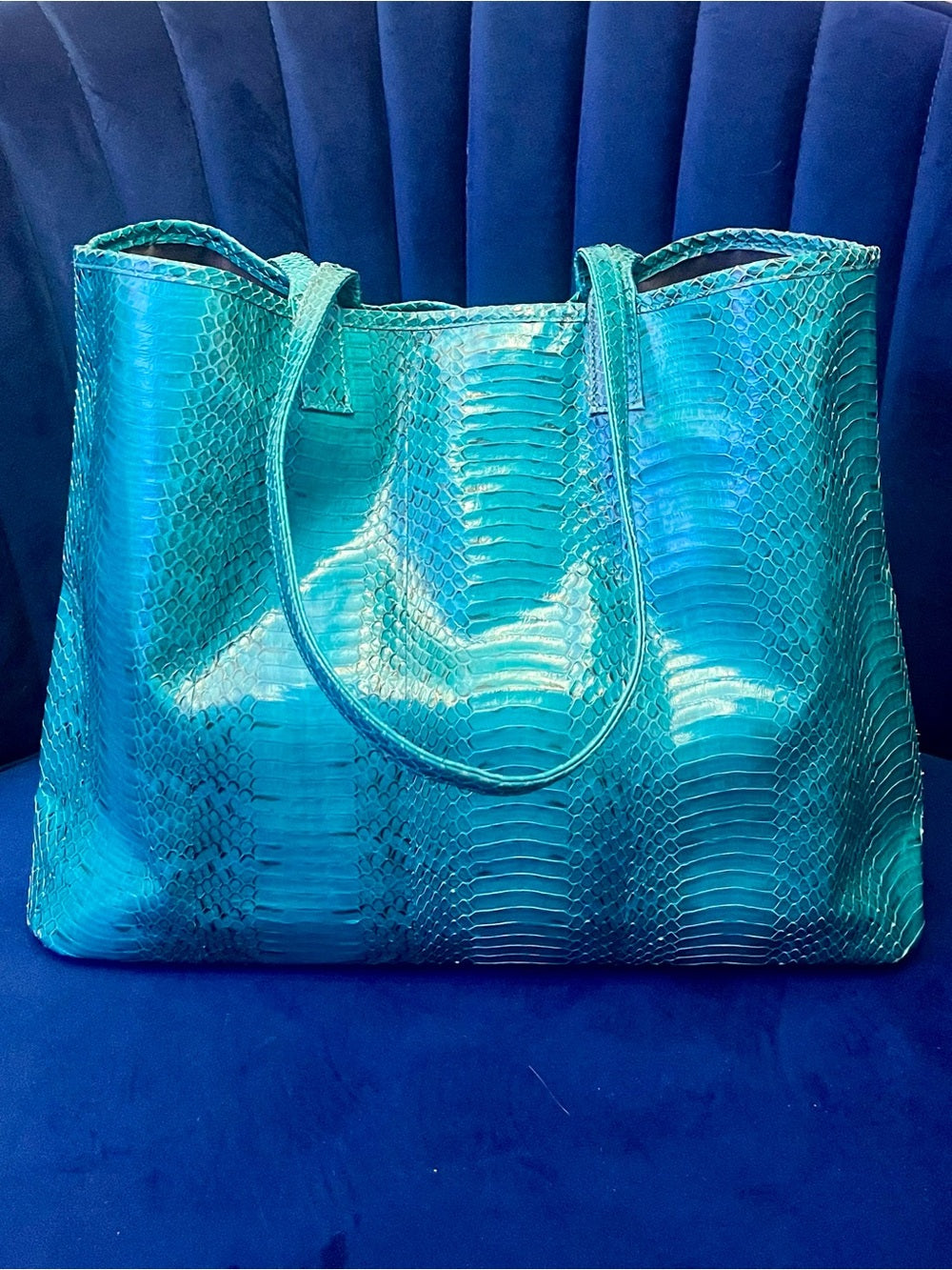 Beirn Turquoise Genuine Python Leather Tote Bag with Removable Matching Clutch — natural leather grain and texture closeup