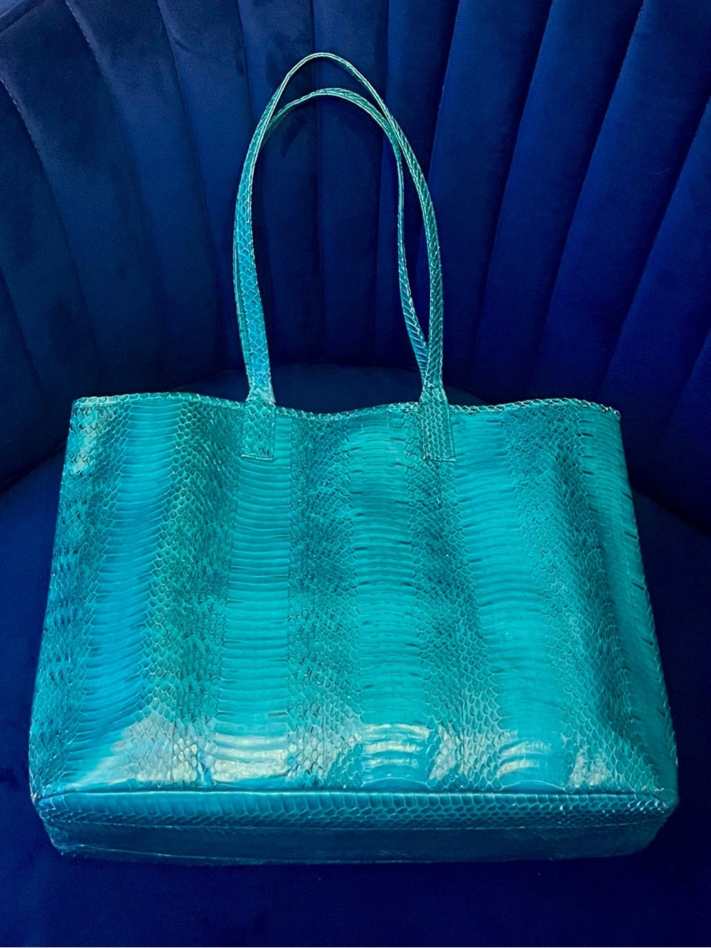 Beirn Turquoise Genuine Python Leather Tote Bag with Removable Matching Clutch — collectible designer bag material closeup