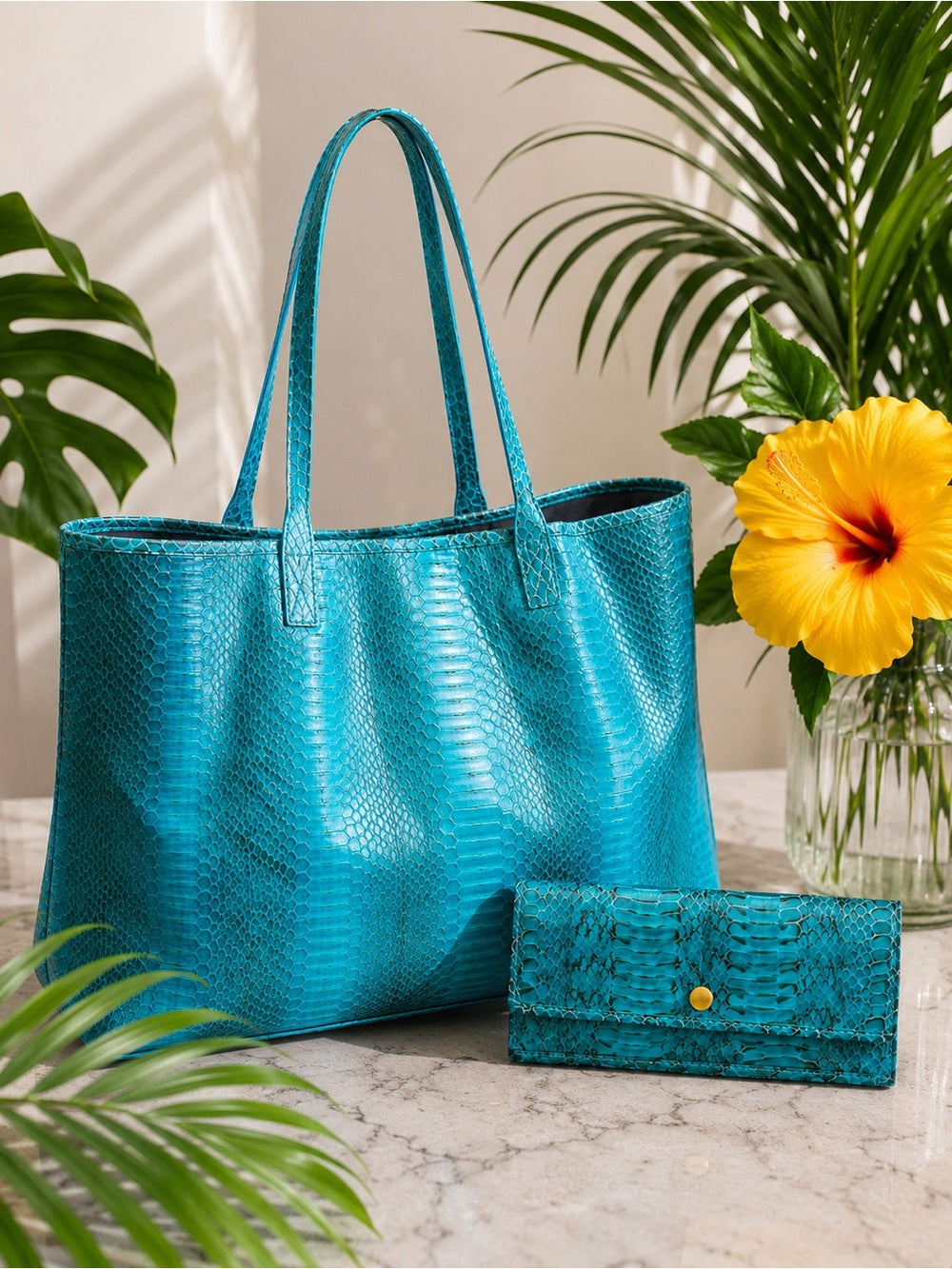 Beirn Turquoise Genuine Python Leather Tote Bag with Removable Matching Clutch — designer exotic leather handbag silhouette