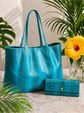 Beirn Turquoise Genuine Python Leather Tote Bag with Removable Matching Clutch — designer exotic leather handbag silhouette
