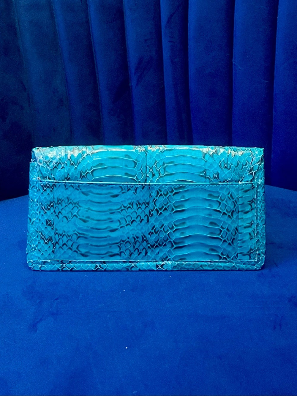 Beirn Turquoise Genuine Python Leather Tote Bag with Removable Matching Clutch — interior pocket and designer label