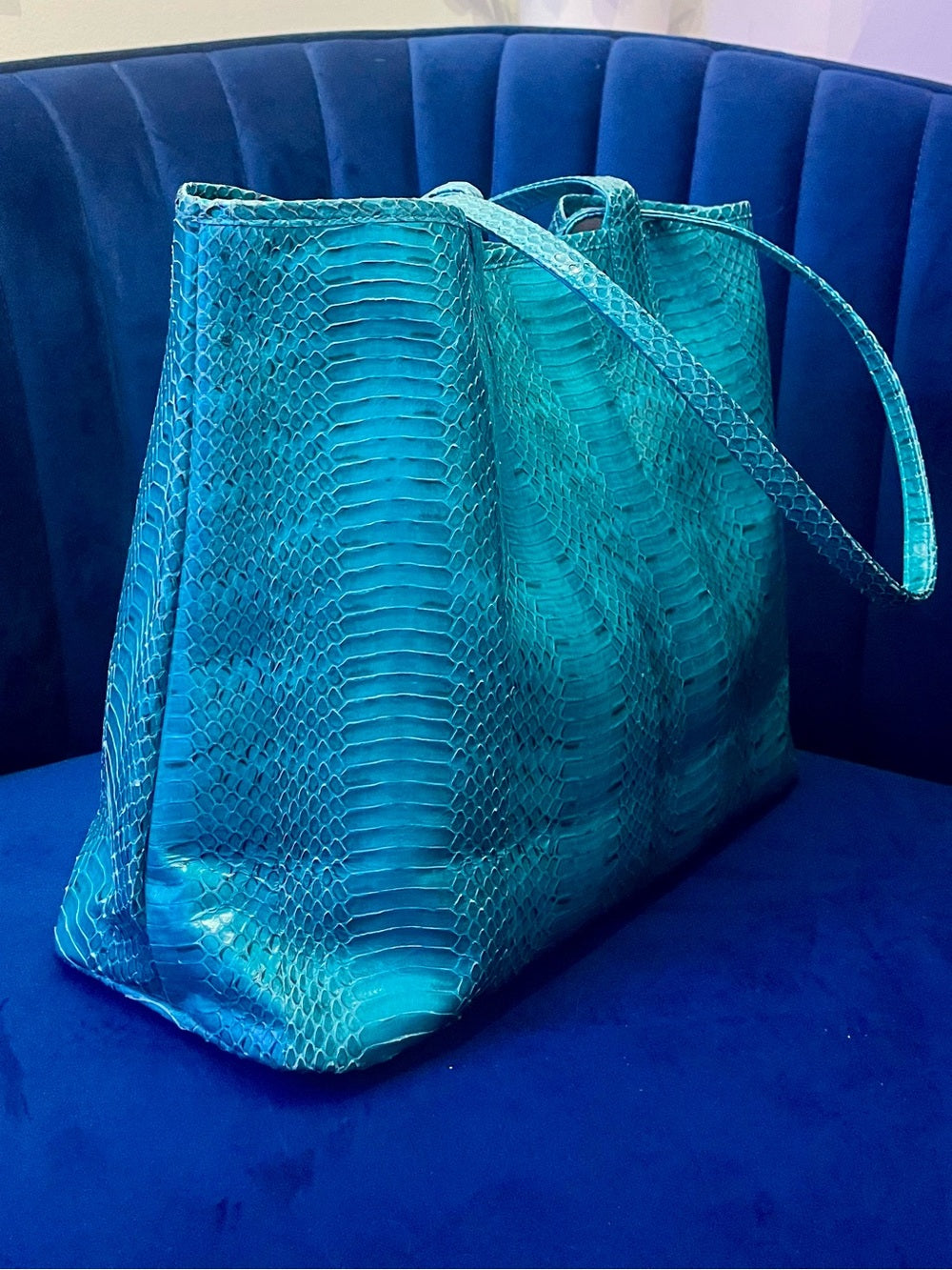 Beirn Turquoise Genuine Python Leather Tote Bag with Removable Matching Clutch — top handle and shoulder strap attachment