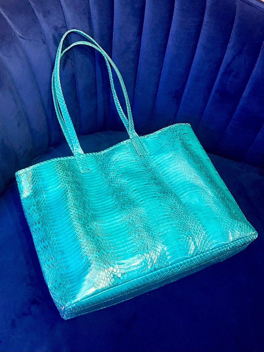 Beirn Turquoise Genuine Python Leather Tote Bag with Removable Matching Clutch — handbag interior lining and storage