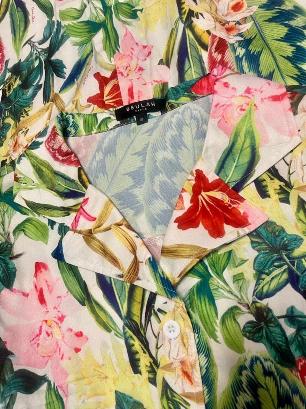 Beulah White Botanical Print Midi Dress with Green and Pink Accents Tropical — fabric texture and material closeup