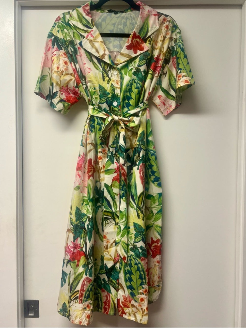 Beulah White Botanical Print Midi Dress with Green and Pink Accents Tropical — fashion back design and construction