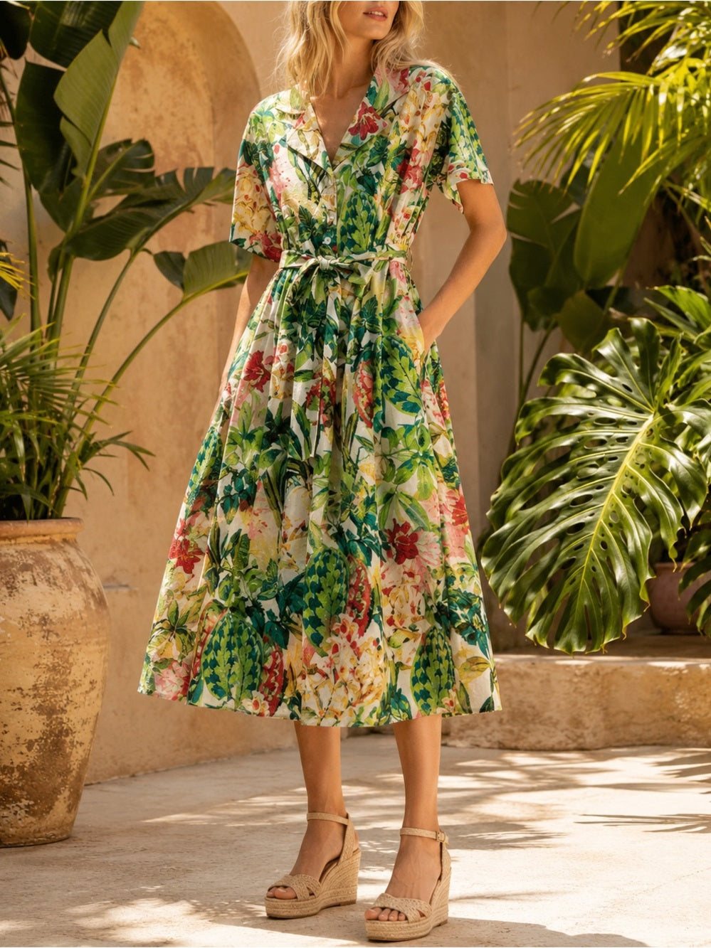 Beulah White Botanical Print Midi Dress with Green and Pink Accents Tropical — designer garment full silhouette and fit