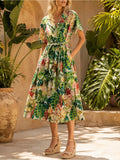 Beulah White Botanical Print Midi Dress with Green and Pink Accents Tropical — designer garment full silhouette and fit