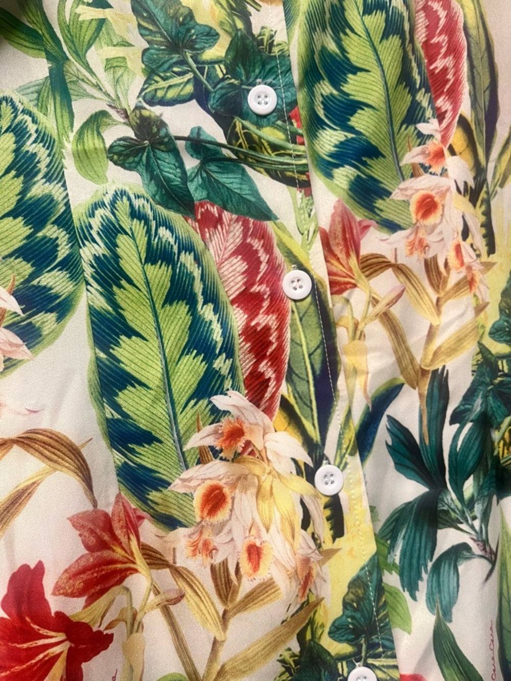 Beulah White Botanical Print Midi Dress with Green and Pink Accents Tropical — garment side drape and proportions