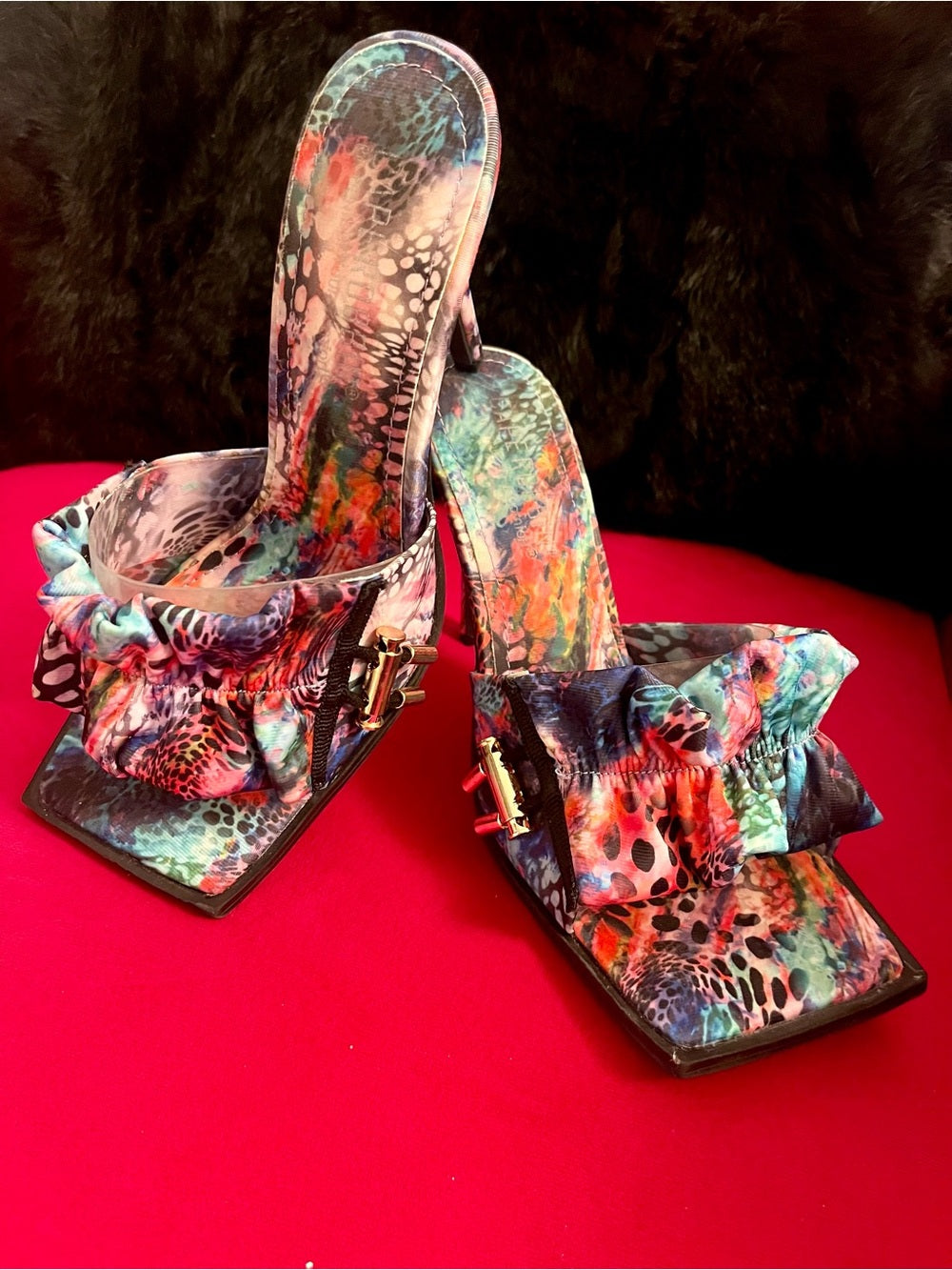 Cape Robbin Colorful Ruffle Slide Heels with Exotic Multicolor Print - Size 6.5 — luxury footwear upper material and texture
