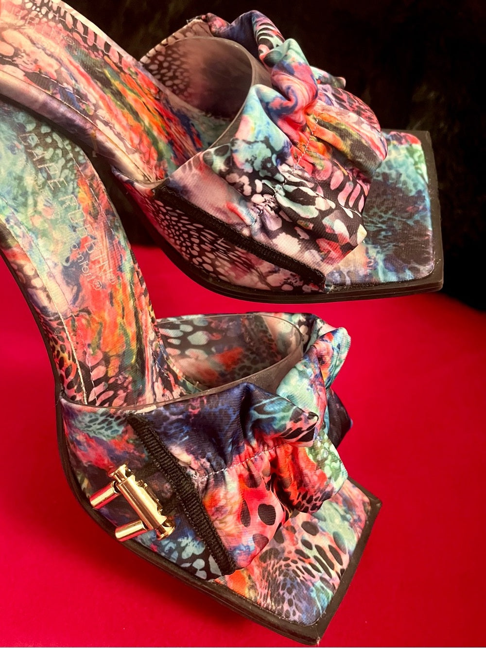 Cape Robbin Colorful Ruffle Slide Heels with Exotic Multicolor Print - Size 6.5 — embellished shoe crystal detail