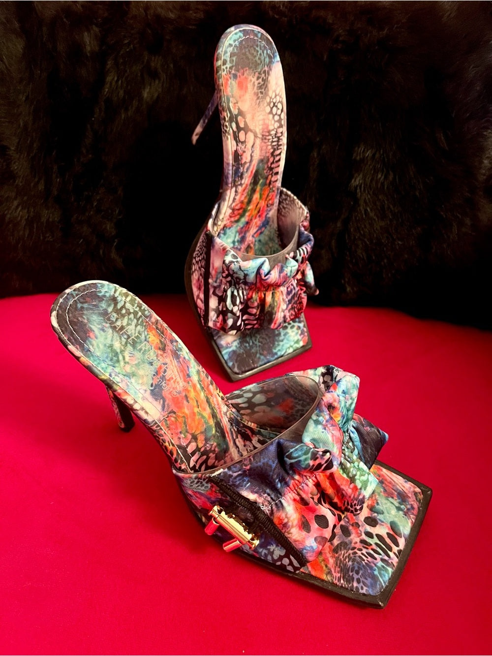 Cape Robbin Colorful Ruffle Slide Heels with Exotic Multicolor Print - Size 6.5 — high heel side profile and proportions