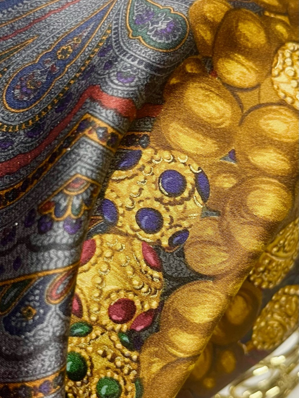 CHANEL Silk Scarf – Ornate Gold Chain & Jewel Motif on Deep Navy — silk accessory color palette closeup
