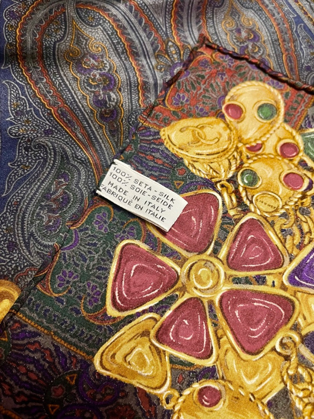 CHANEL Silk Scarf – Ornate Gold Chain & Jewel Motif on Deep Navy — designer silk scarf full print composition (additional view 2)