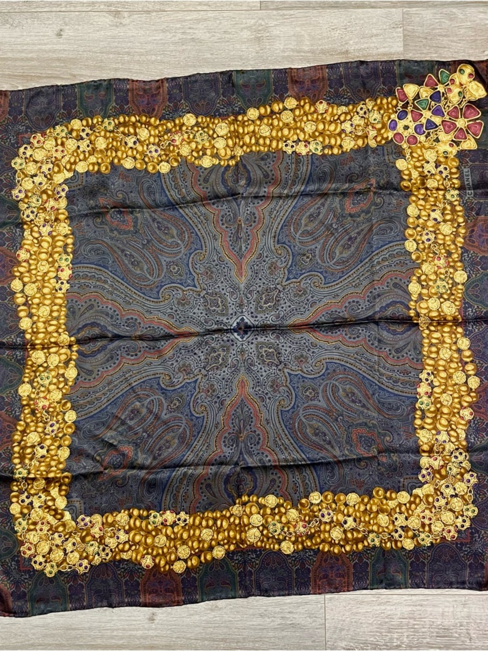 CHANEL Silk Scarf – Ornate Gold Chain & Jewel Motif on Deep Navy — luxury silk scarf border and colorway (additional view 2)